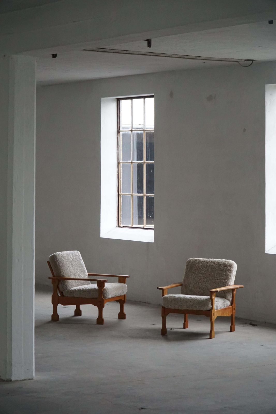 Danish Modern, Pair Of Lounge Chairs In Oak & Lambswool, Henning Kjærnulf, 1960s photo for sale