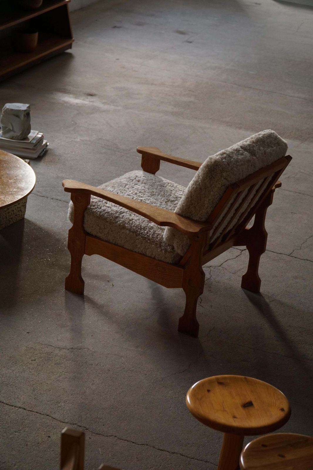 Danish Modern, Pair Of Lounge Chairs In Oak & Lambswool, Henning Kjærnulf, 1960s photo vintage