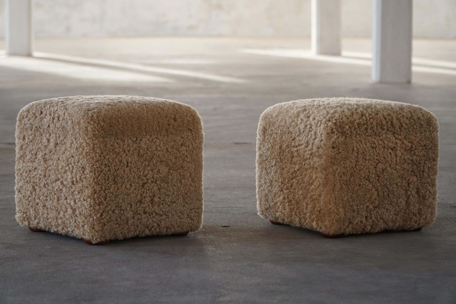 French Mid Century Modern, A Pair Of Cube Poufs / Stools In Lambswool, 1960s photo vintage