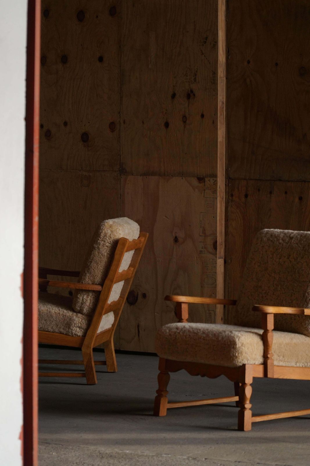 Danish Modern, Pair Of Lounge Chairs In Oak & Lambswool, Henning Kjærnulf, 1960s photo vinterior
