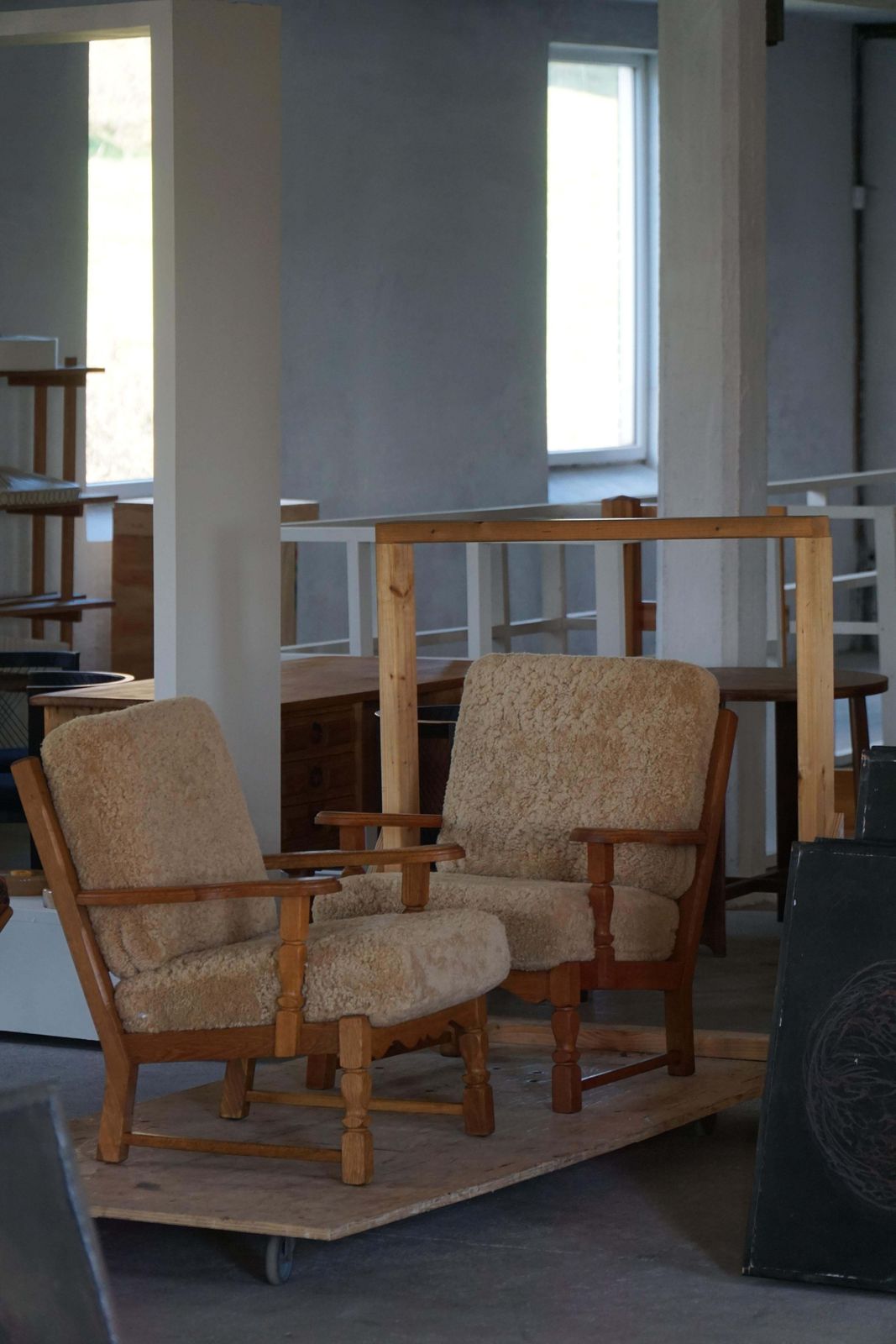3582.0 Danish Modern, Pair Of Lounge Chairs In Oak & Lambswool, Henning Kjærnulf, 1960s photo