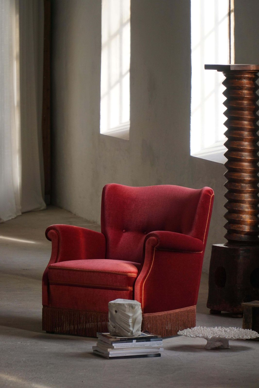 Pair Of Danish Modern Lounge Chairs, Cherry Red Velvet, 1950s photo vinterior