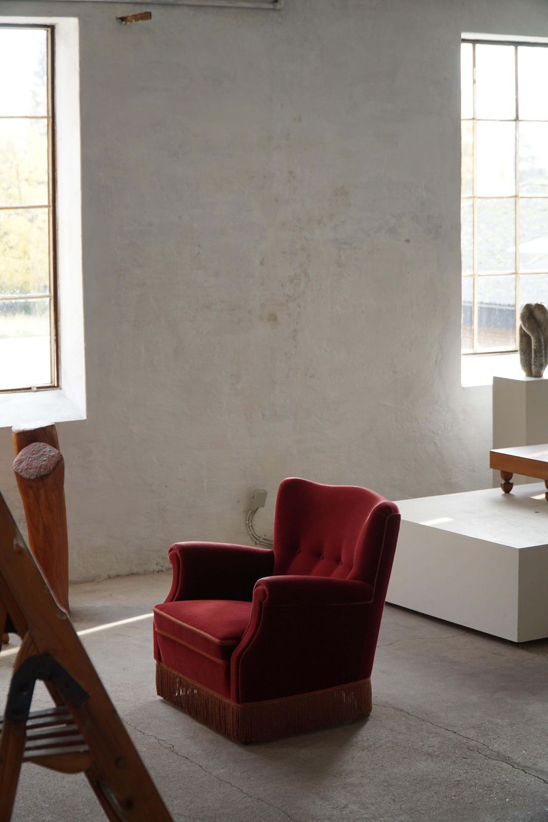 photo furniture Pair Of Danish Modern Lounge Chairs, Cherry Red Velvet, 1950s
