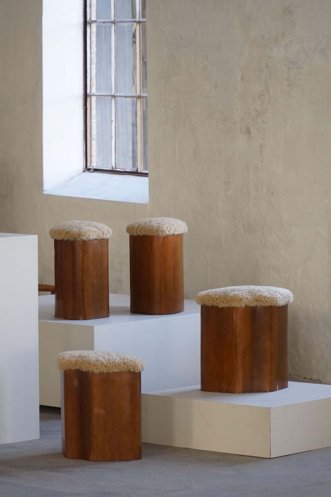 Set Of 4 Sculptural French Art Deco Stools In Wood & Lambswool, 1940s photo Furniture