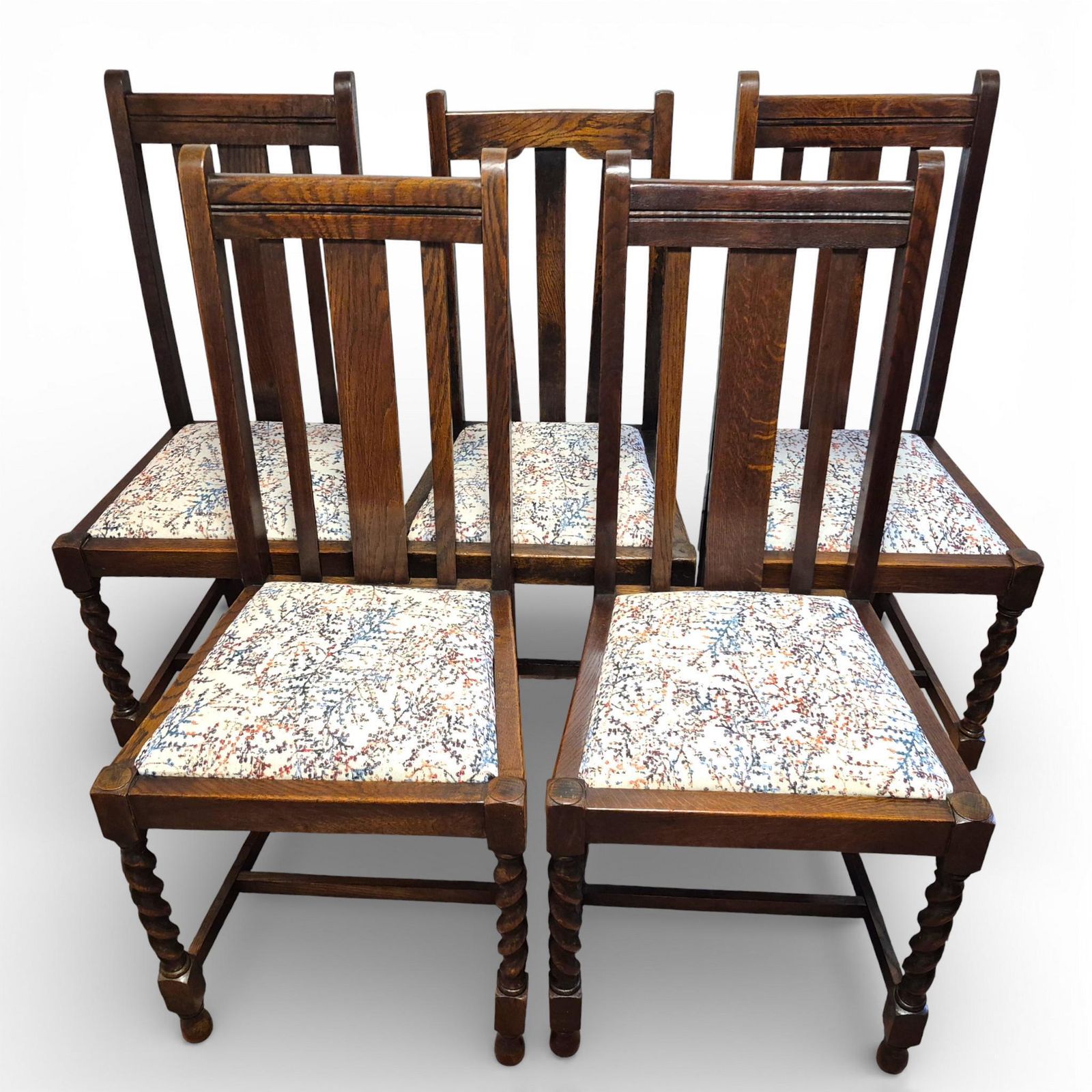 Set Of 5 Oak Barley Twist Dining Chairs | Vintage Oak Chairs | Upholstered Seats photo vinterior