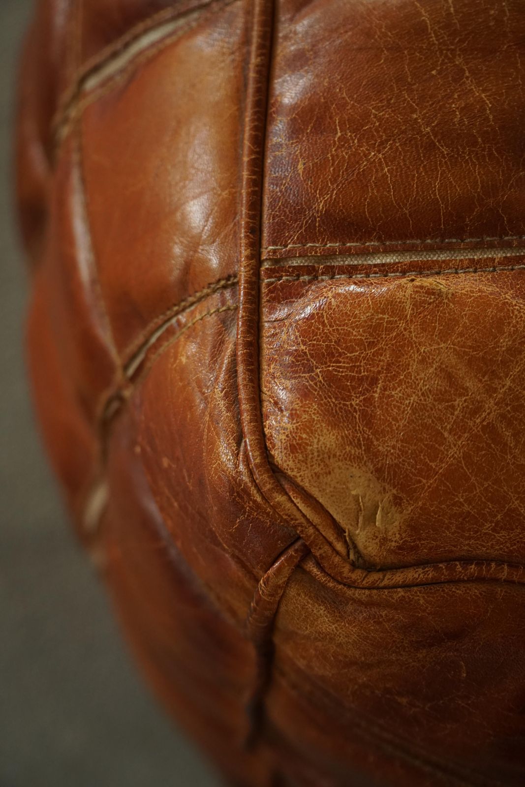 Furniture Mid 20th Century, Cube Pouf / Ottoman In Patinated Brown Leather, 1960s photo