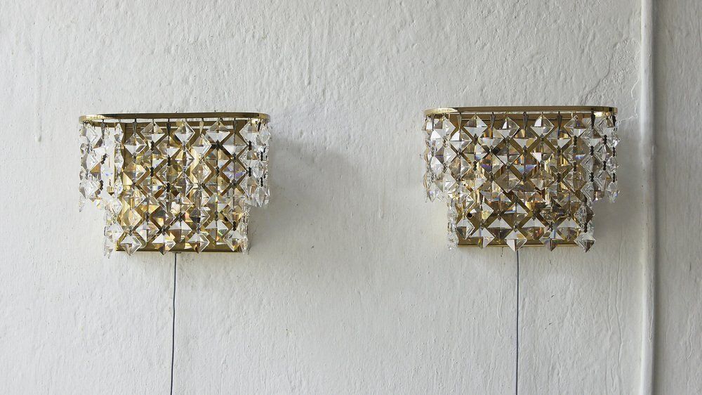 Hollywood Regency Brass And Crystal Glass Wall Lamps From Palwa, Set Of 2 photo furniture