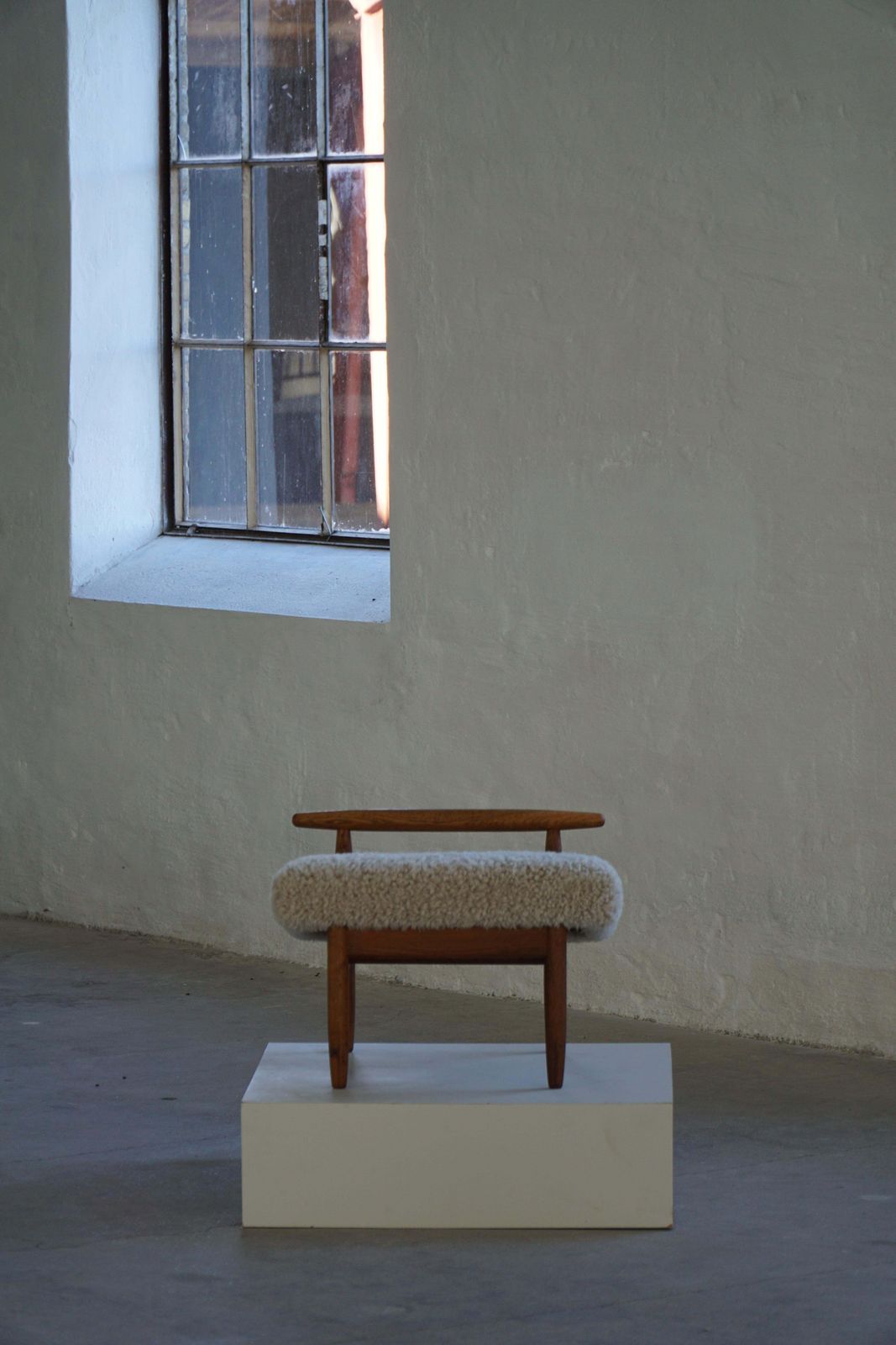 photo for sale Eivind A. Johansen, Oak Footstool With Light Lambswool Upholstery For Fdb Møbler