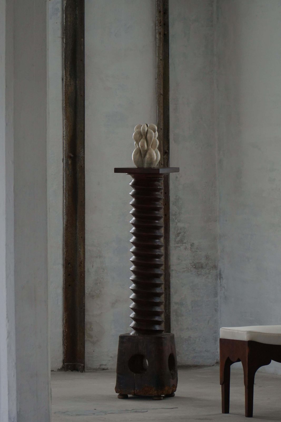 photo vinterior 19th Century Large Sculptural French Solid Wood Wine Press / Pedestal