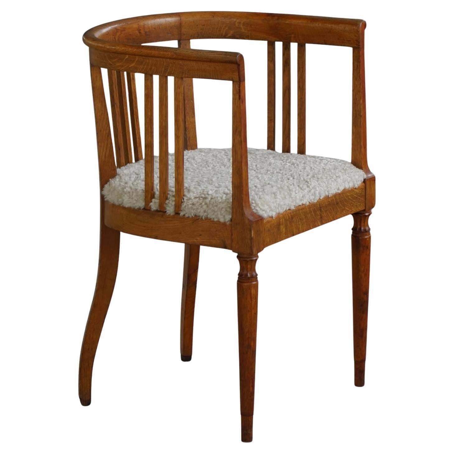 Danish Art Nouveau Armchair In Oak With Lambswool Upholstered Seat, Early 1900s