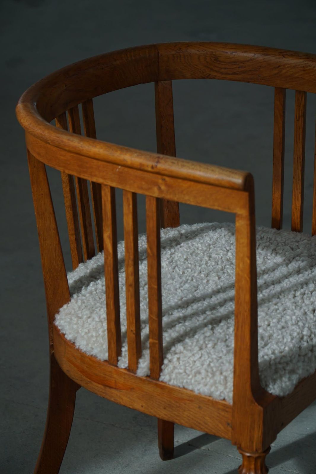 photo for sale Danish Art Nouveau Armchair In Oak With Lambswool Upholstered Seat, Early 1900s