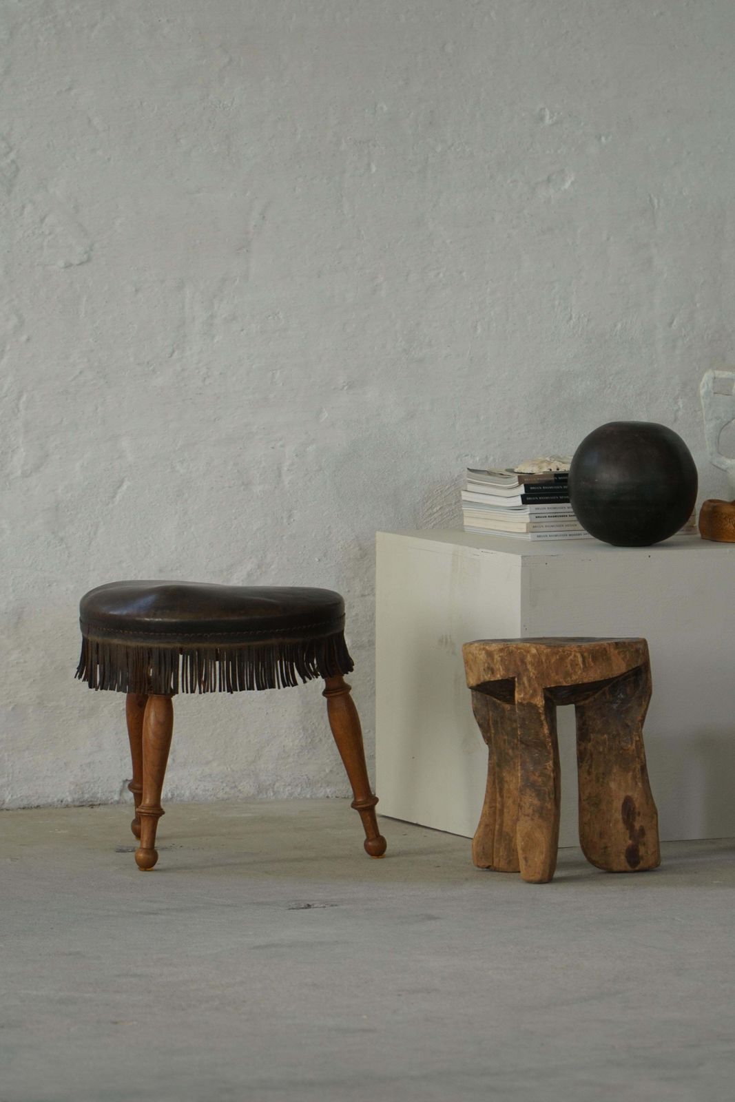 Early 20th Century, Danish Tripod Oak Stool With Leather Fringe, 1930s photo 537.0