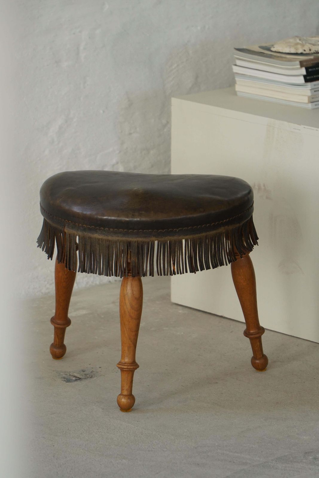 photo furniture Early 20th Century, Danish Tripod Oak Stool With Leather Fringe, 1930s
