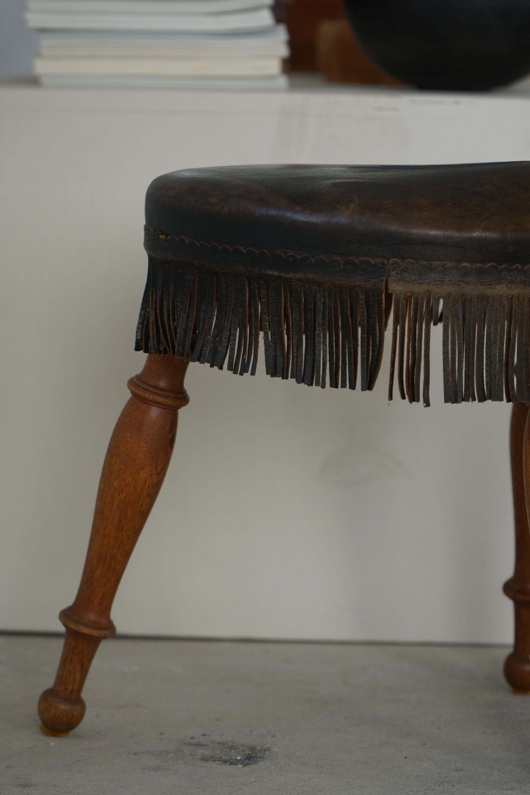 Furniture Early 20th Century, Danish Tripod Oak Stool With Leather Fringe, 1930s photo