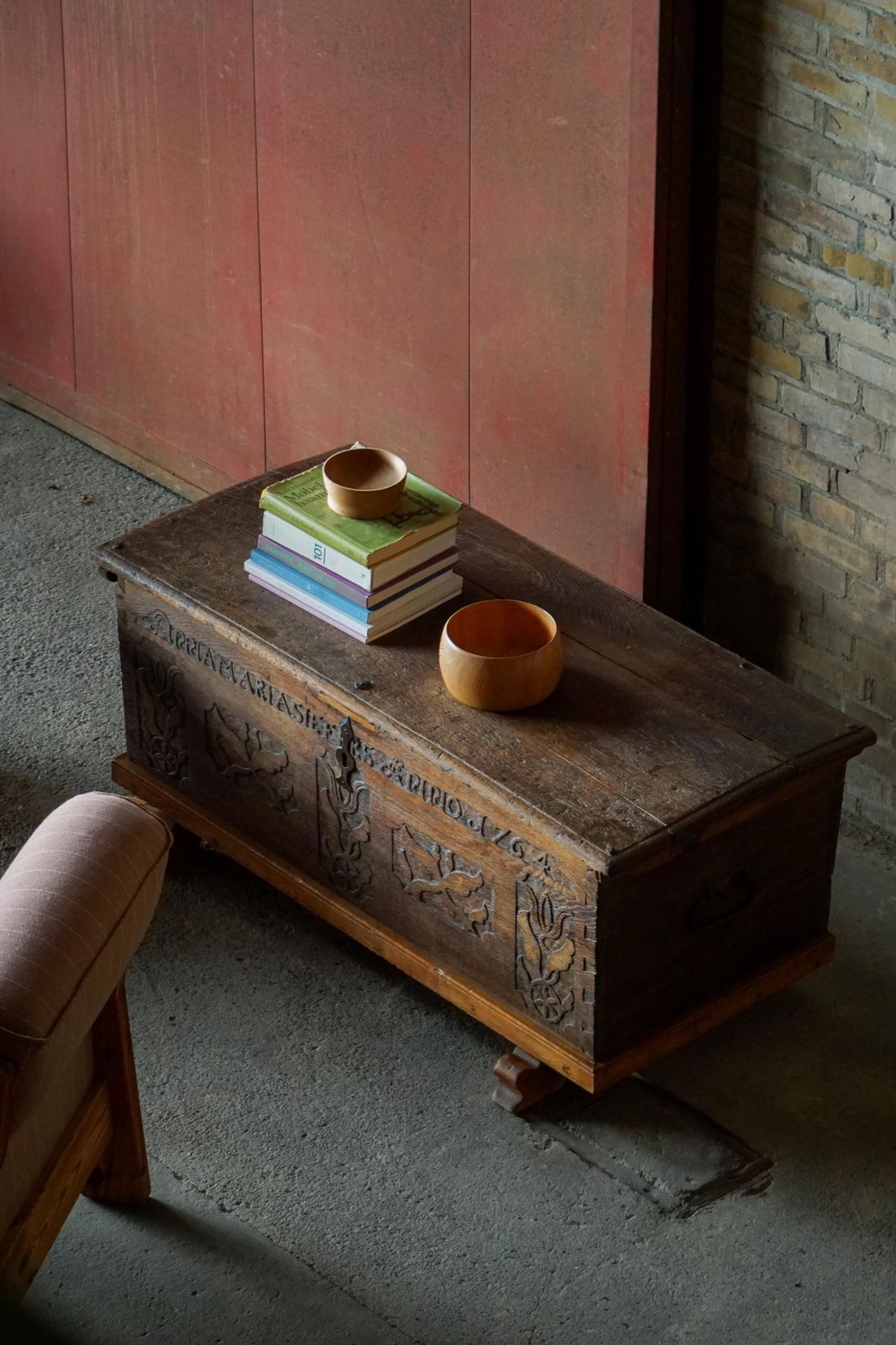 18th Century Scandinavian Folk Art Oak Chest With Carved Panels, Dated 1764 photo furniture