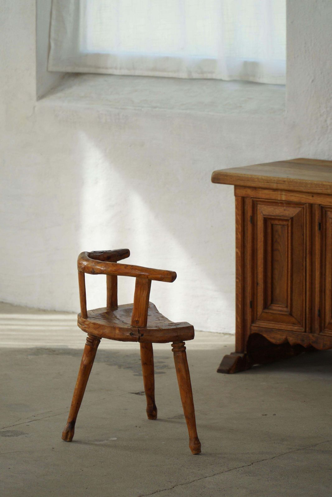 Early 20th Century, Scandinavian Folk Art Three Legged Chair In Pine, Wabi Sabi photo for sale
