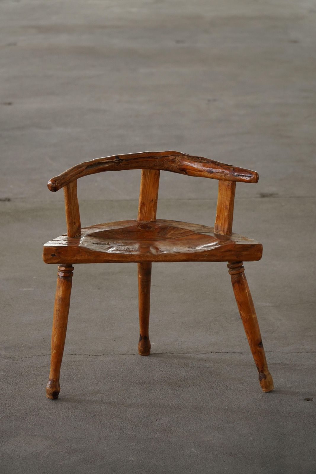 photo for sale Early 20th Century, Scandinavian Folk Art Three Legged Chair In Pine, Wabi Sabi