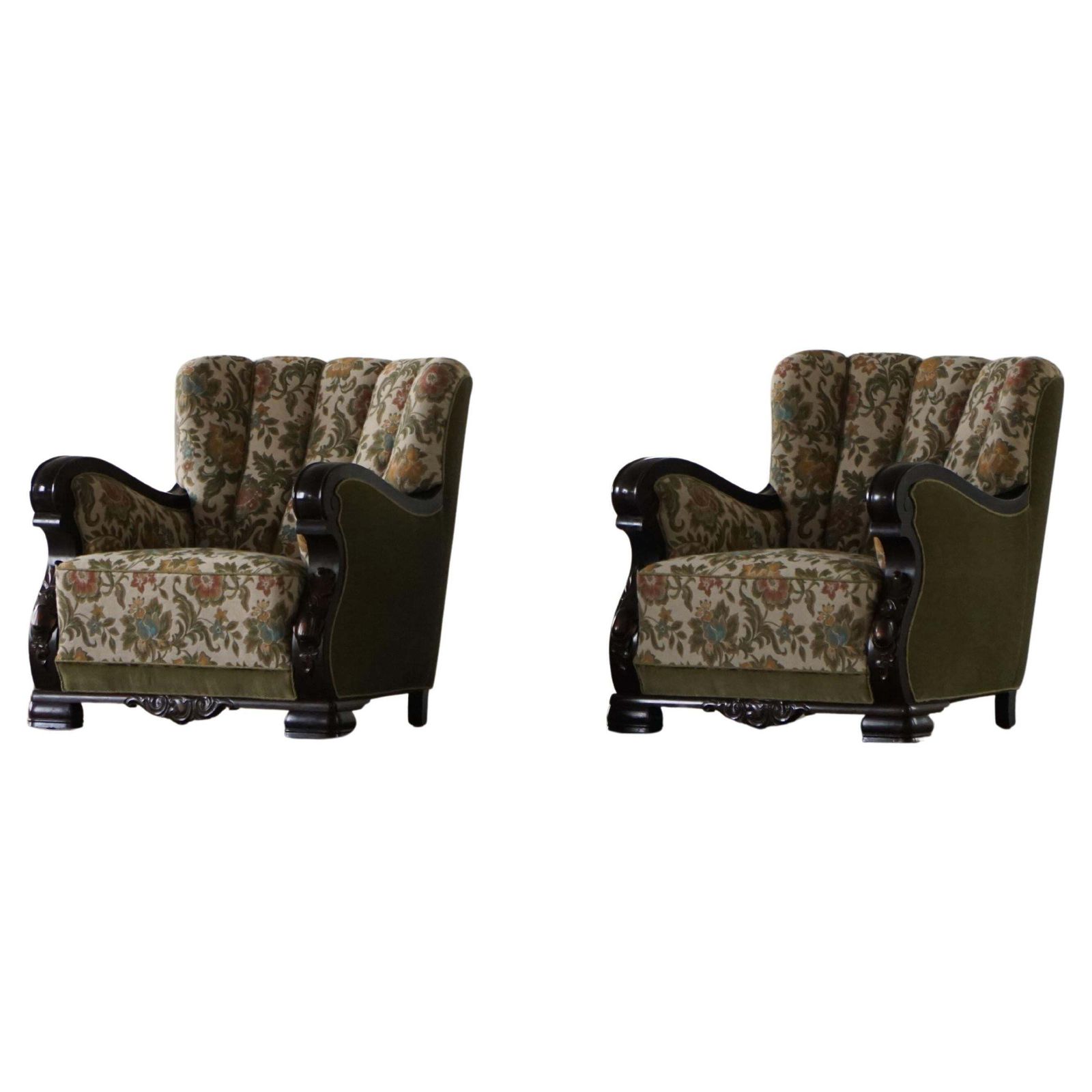 Pair Of Danish Art Nouveau Easy Chairs In Floral Embroidered Velour, 1920s