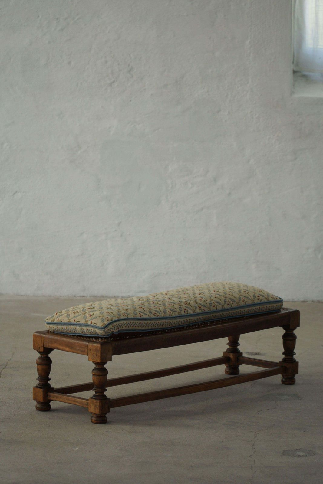 Danish Oak Footstool With Hand Embroidered Cushion & Cane Seat, Baroque, 1940s photo for sale