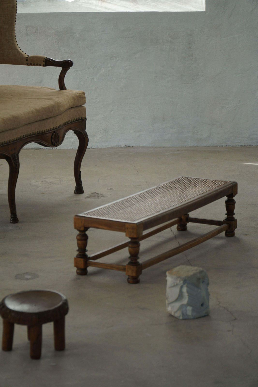 Danish Oak Footstool With Hand Embroidered Cushion & Cane Seat, Baroque, 1940s photo 933.0