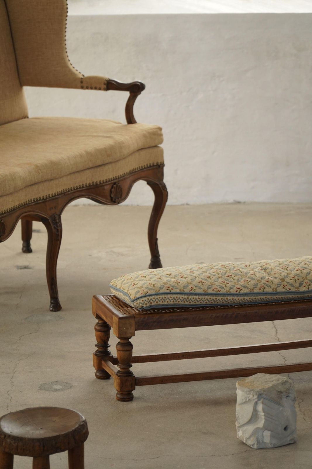 Danish Oak Footstool With Hand Embroidered Cushion & Cane Seat, Baroque, 1940s photo buy