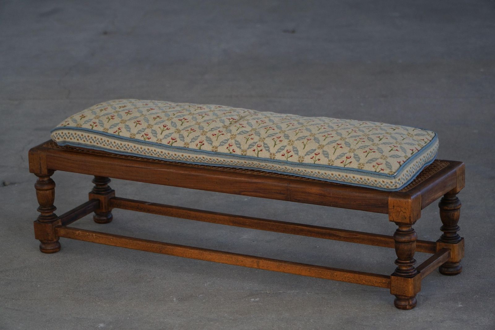 photo furniture Danish Oak Footstool With Hand Embroidered Cushion & Cane Seat, Baroque, 1940s