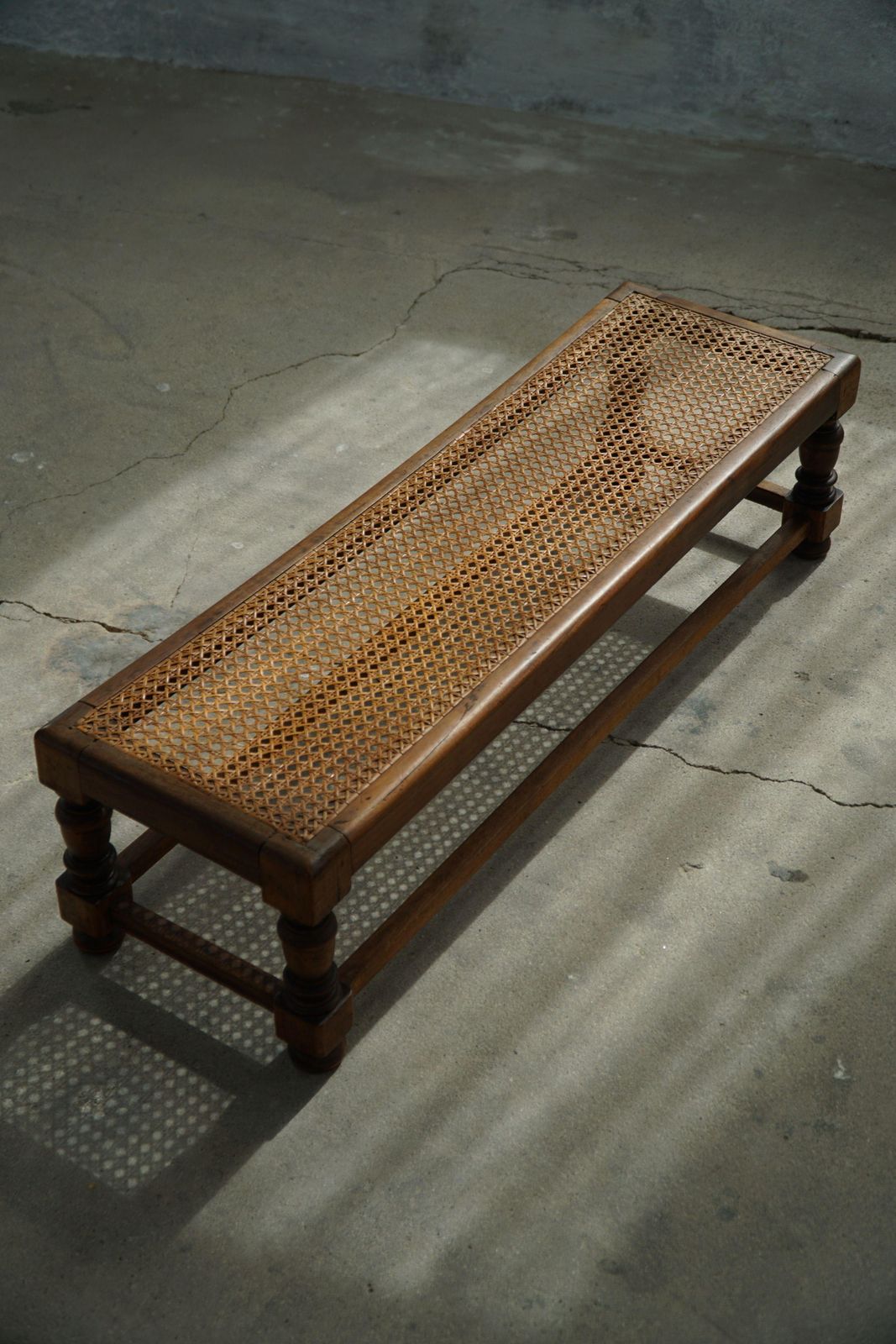 photo for sale Danish Oak Footstool With Hand Embroidered Cushion & Cane Seat, Baroque, 1940s