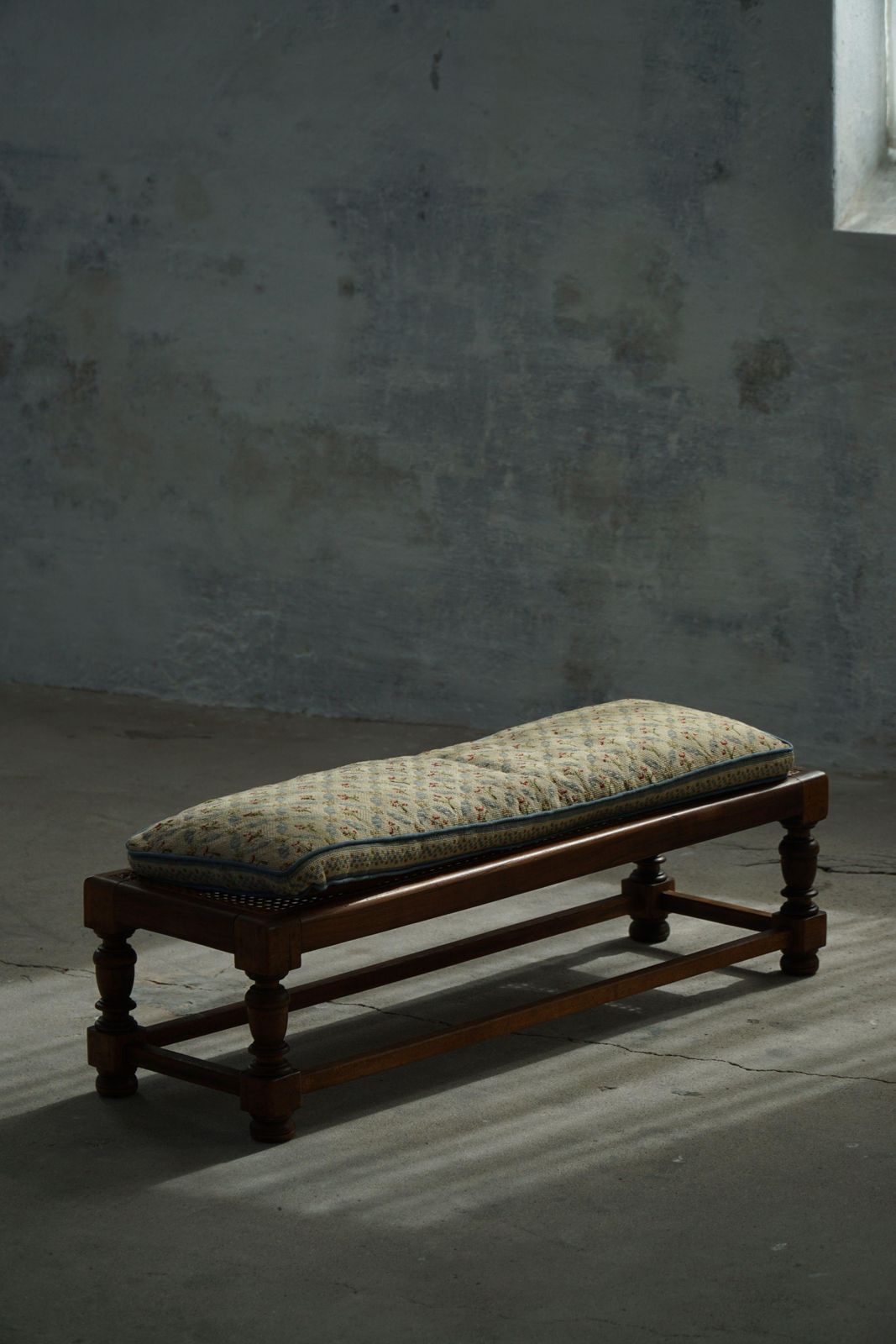 photo vinterior Danish Oak Footstool With Hand Embroidered Cushion & Cane Seat, Baroque, 1940s