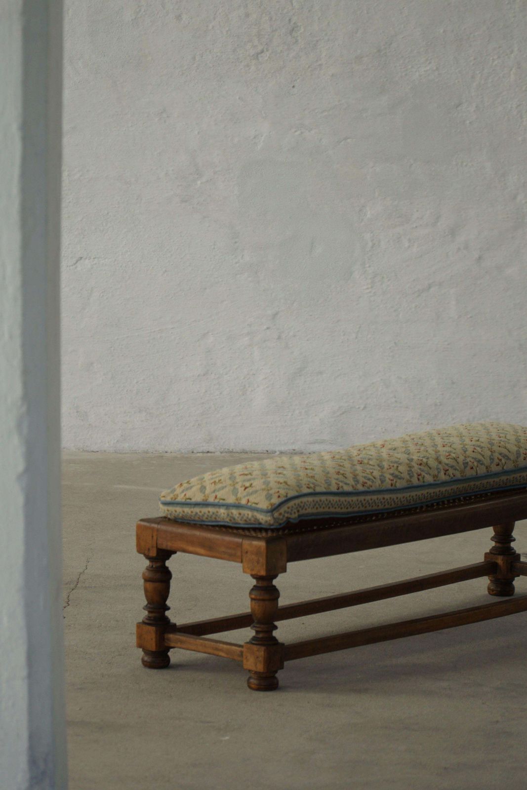 photo vintage Danish Oak Footstool With Hand Embroidered Cushion & Cane Seat, Baroque, 1940s