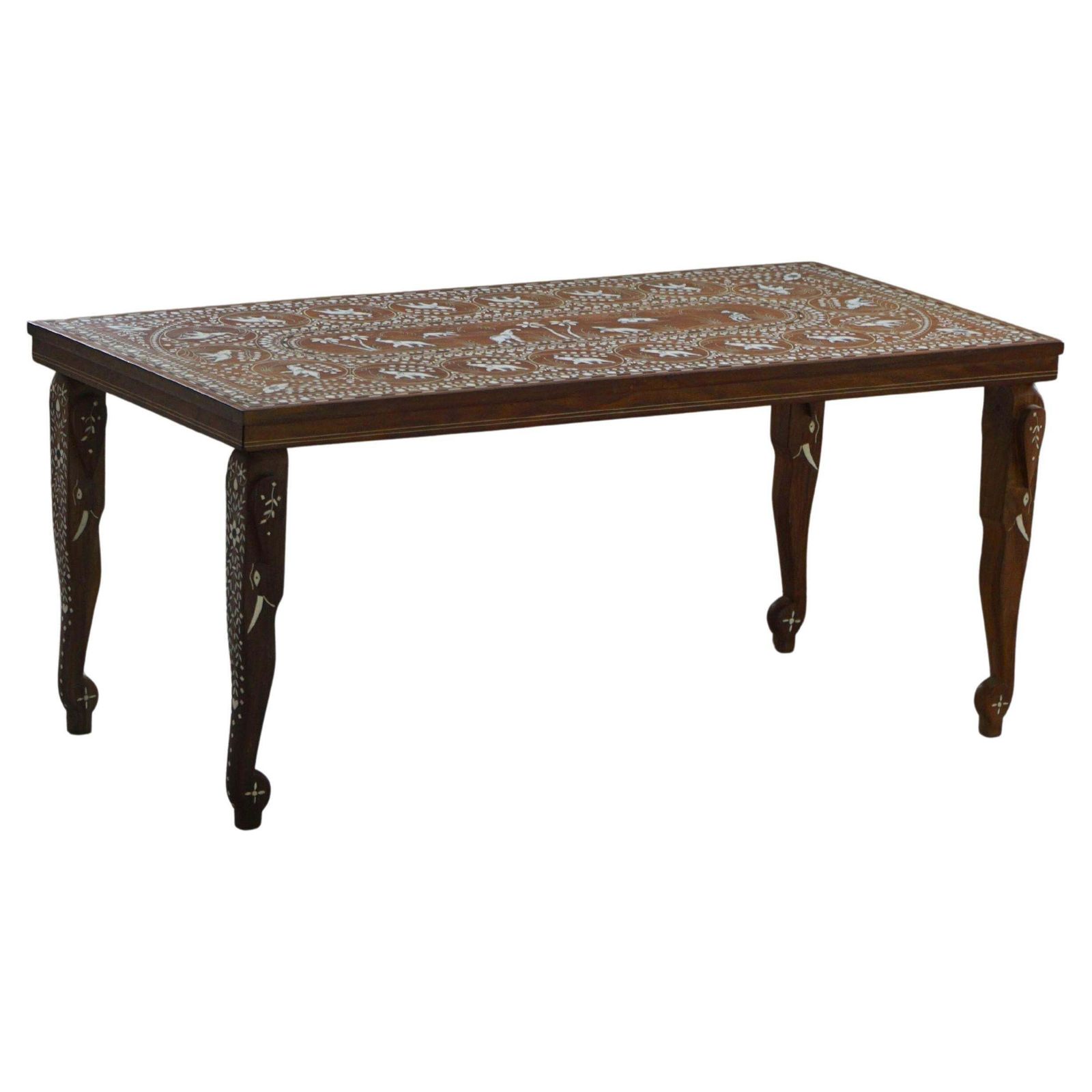 Vintage Indian Inlaid Teak Coffee Table With Elephant Motifs, Mid 20th Century