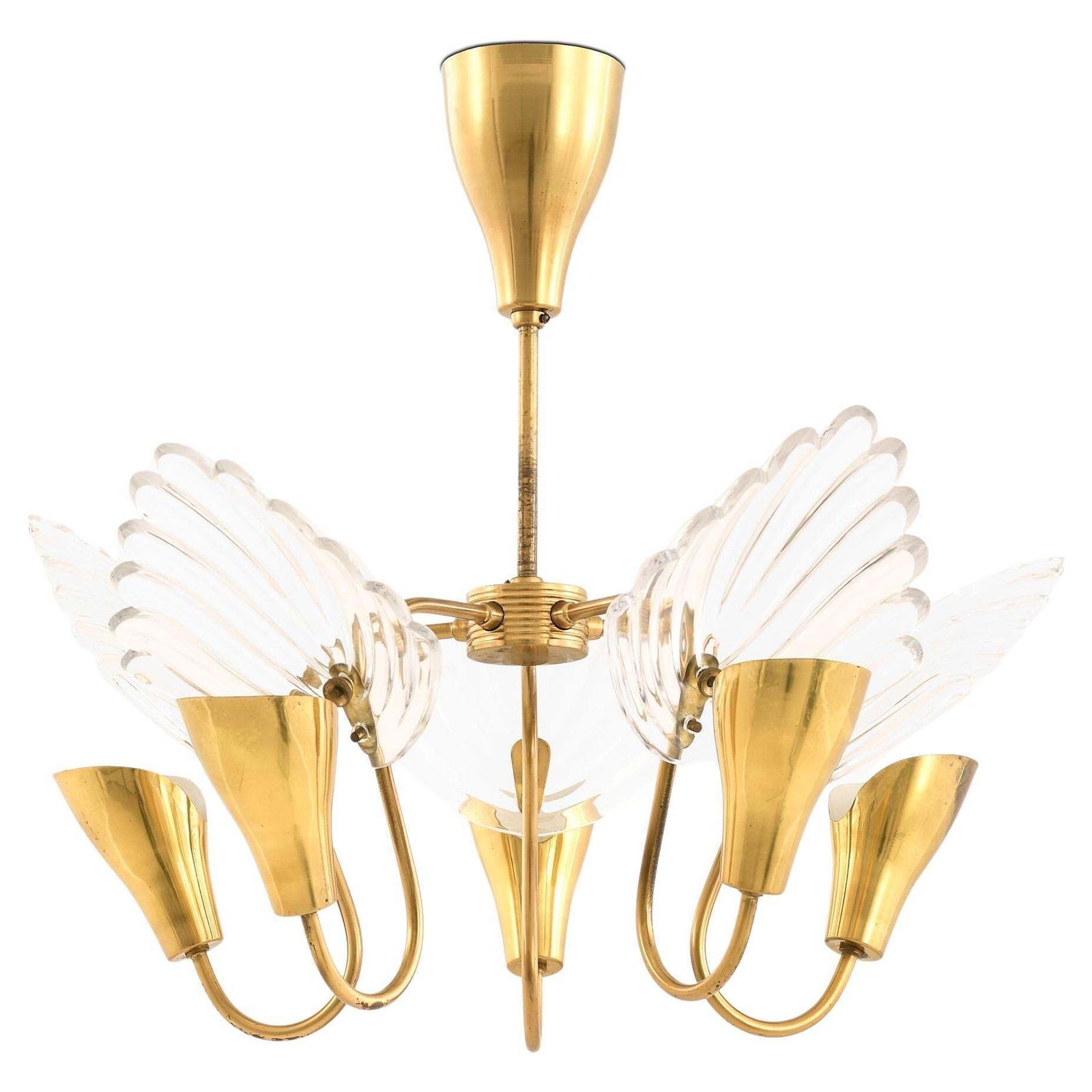 Ceiling Lamp With Five Gracefully Curved Brass Arms By Carl Fagerlund, 1950s