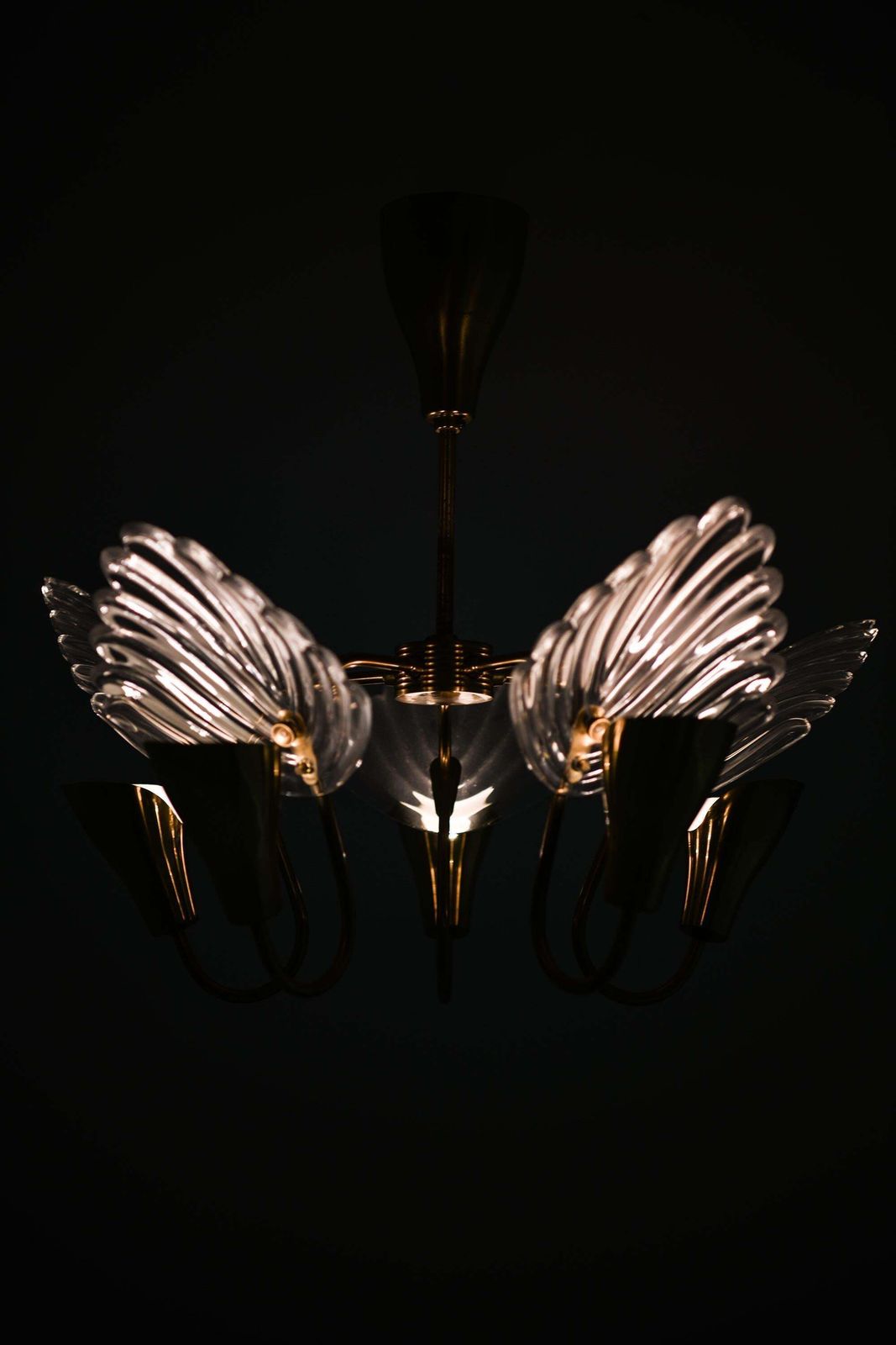 photo for sale Ceiling Lamp With Five Gracefully Curved Brass Arms By Carl Fagerlund, 1950s