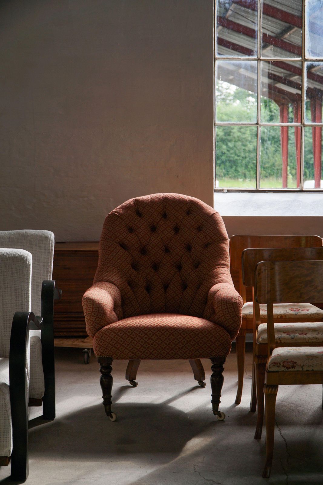 Victorian Armchair In Mahogany, Wheels & Colorful Fabric, England, Early 1900s photo buy