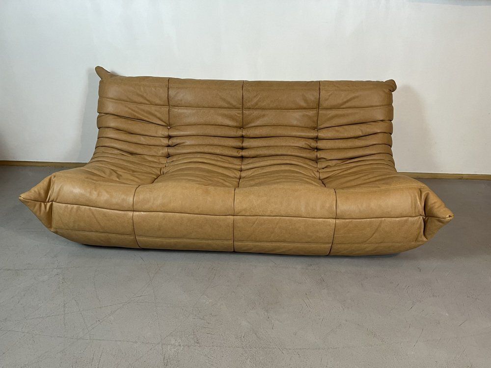 photo for sale Camel Leather Togo Sofa Set By Michel Ducaroy For Ligne Roset, Set Of 5