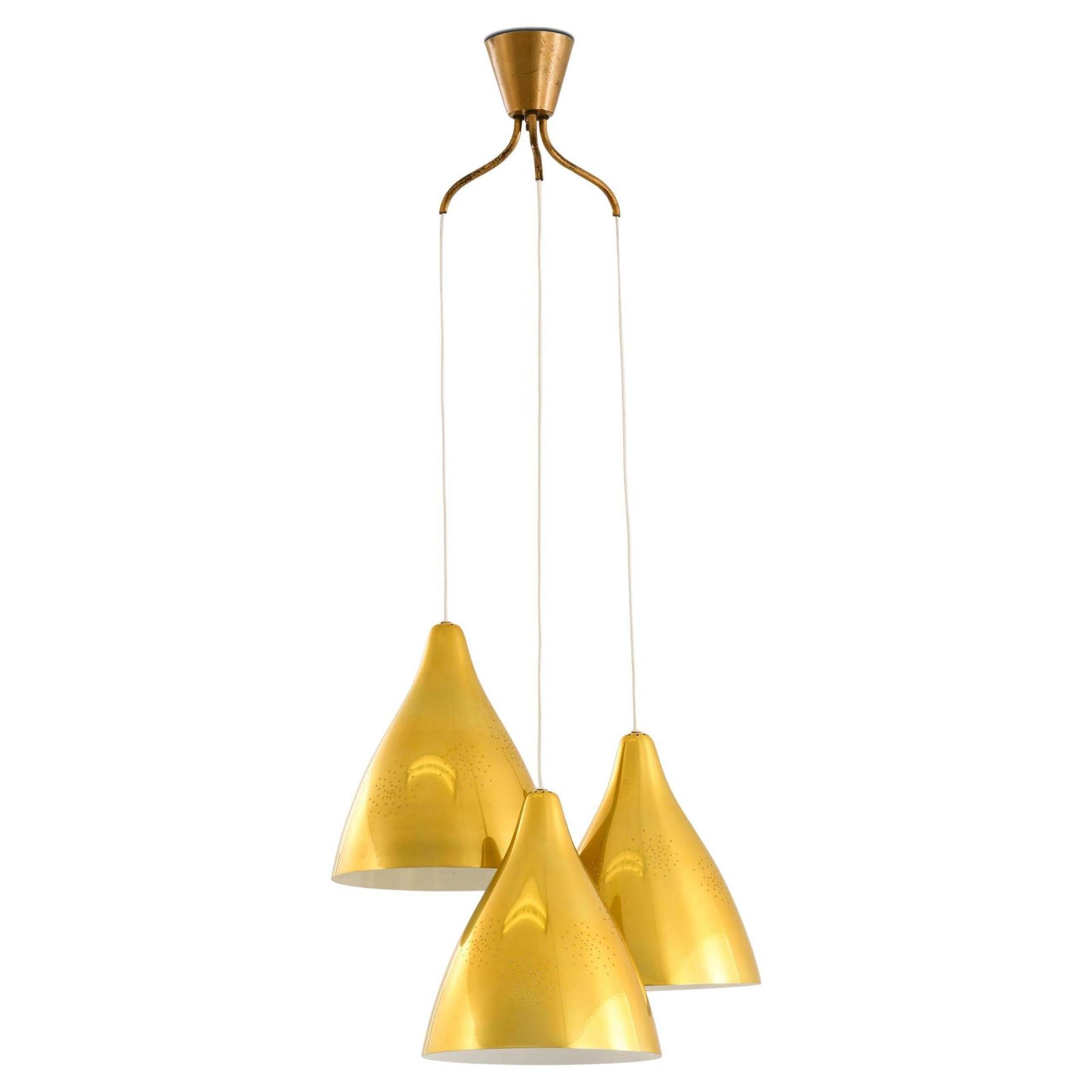 Ceiling Lamp With Three Conical Brass Shades By Lisa Johansson Pape, 1950s