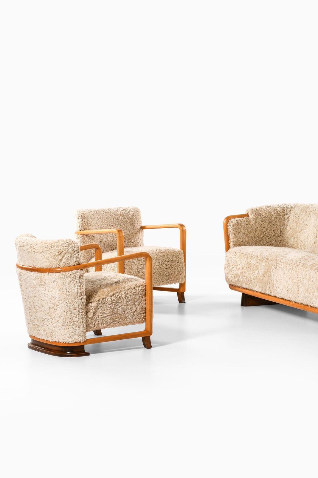 Pair Of Scandinavian Art Deco Easy Chairs In Birch And Sheepskin, 1930s photo for sale