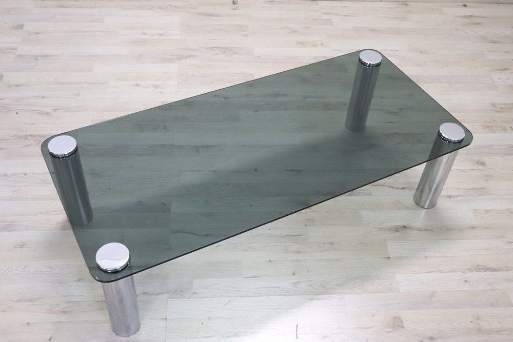 Coffee Table In Chromed Metal And Smoked Glass, 1970s photo vintage