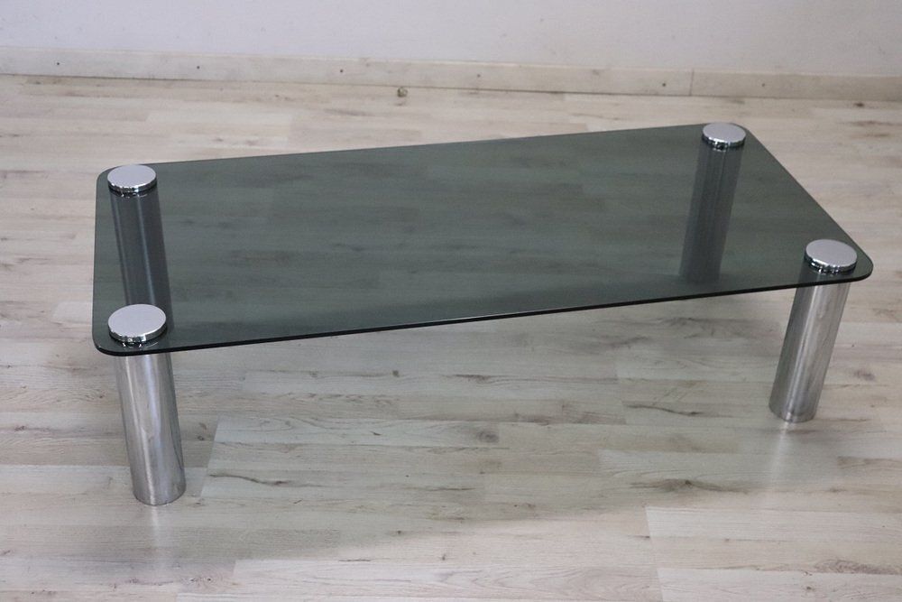 photo furniture Coffee Table In Chromed Metal And Smoked Glass, 1970s