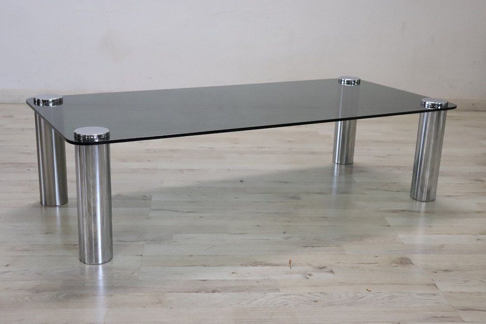 photo for sale Coffee Table In Chromed Metal And Smoked Glass, 1970s