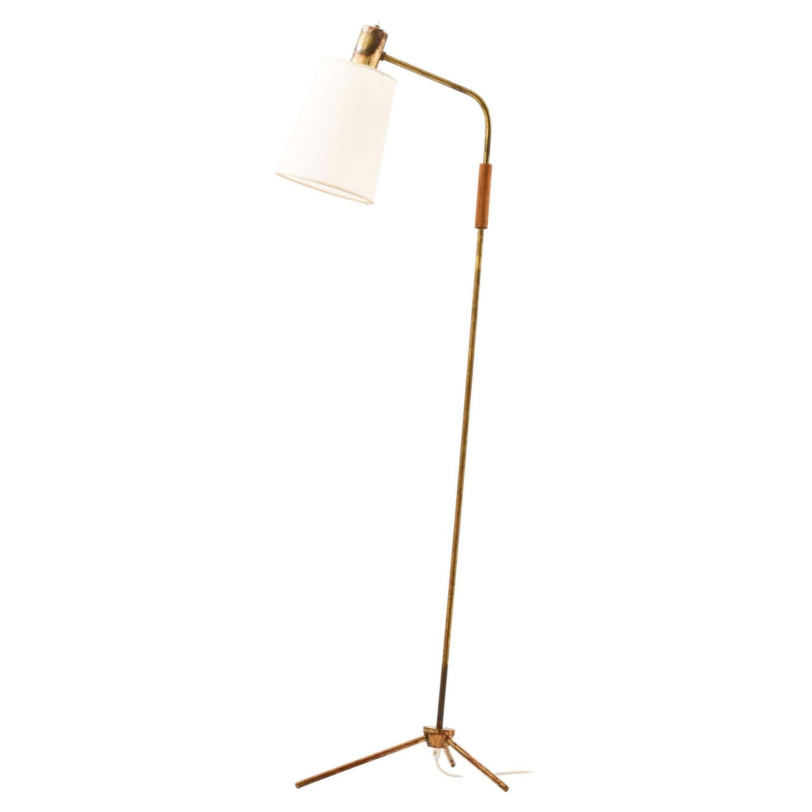 Rare Floor Lamp In Brass, Teak And Lamp Shade, 1950's