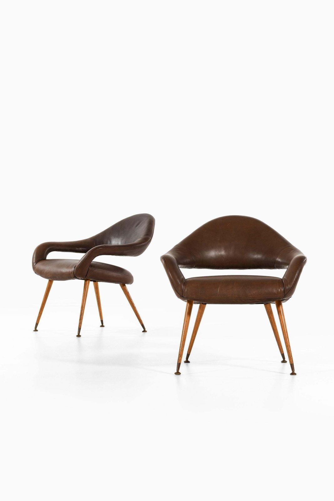 Pair Of Easy Chairs In Oak, Brass & Leather Upholstery By Gastone Rinaldi, 1954 photo furniture