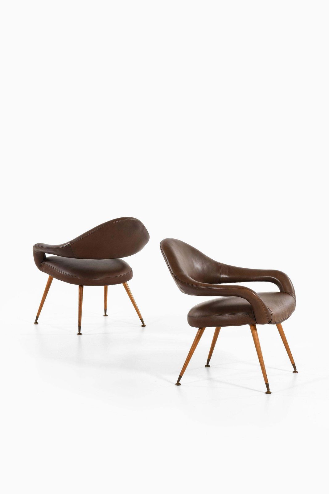 Pair Of Easy Chairs In Oak, Brass & Leather Upholstery By Gastone Rinaldi, 1954 photo for sale
