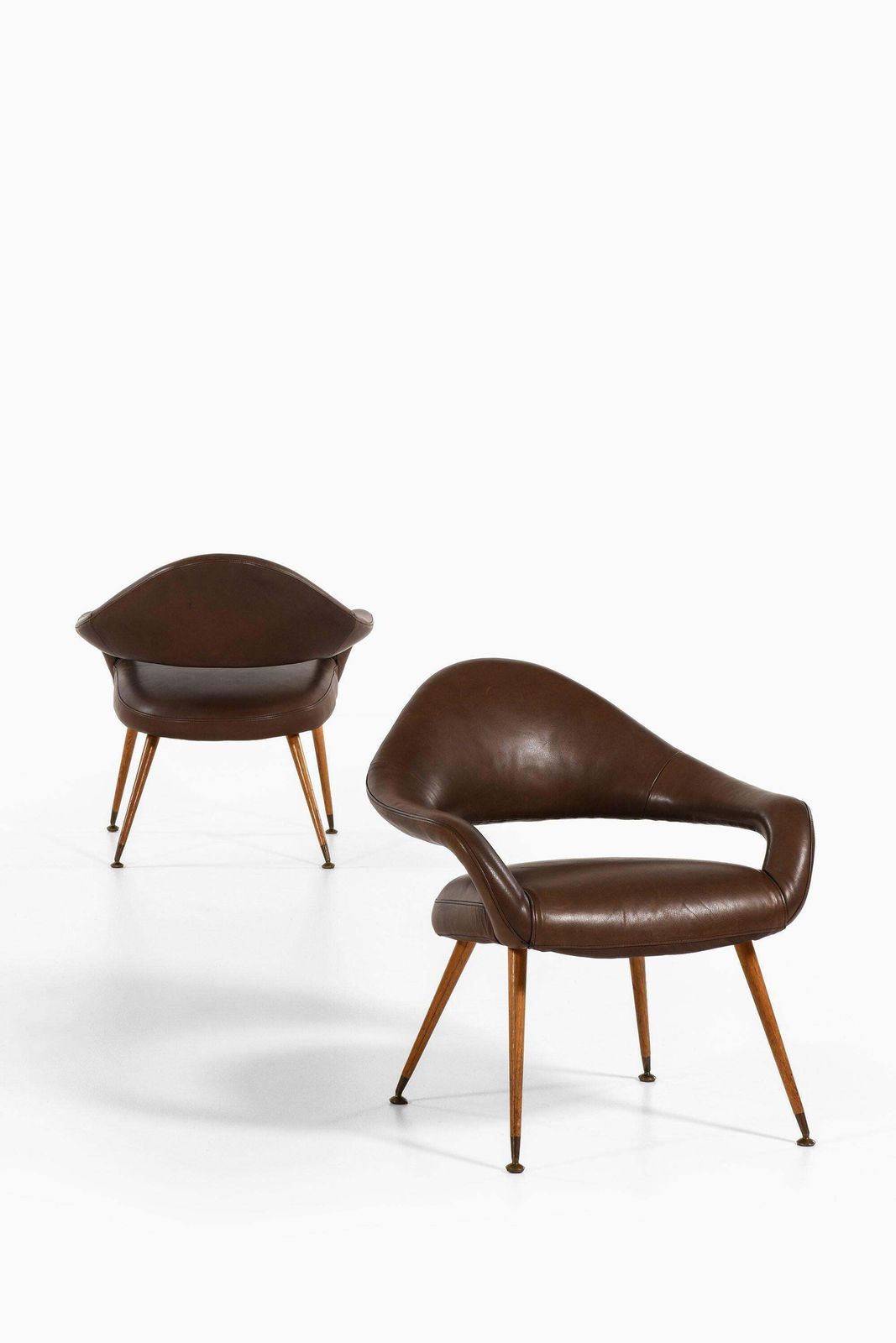 Pair Of Easy Chairs In Oak, Brass & Leather Upholstery By Gastone Rinaldi, 1954 photo Furniture