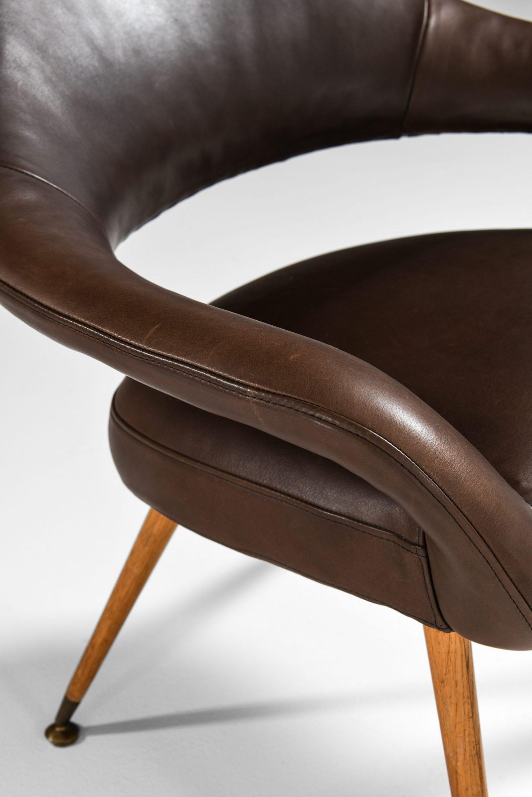 Pair Of Easy Chairs In Oak, Brass & Leather Upholstery By Gastone Rinaldi, 1954 photo buy