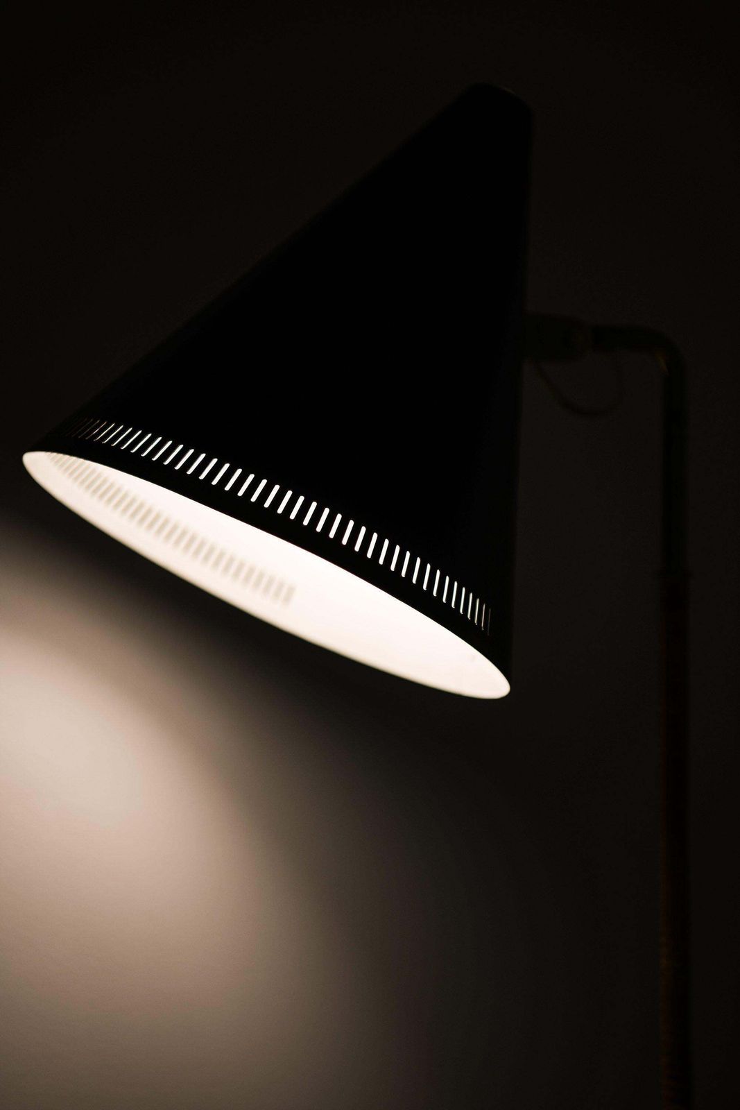 Early Floor Lamp In Black Metal, Brass And Wrapped Cane By Paavo Tynell, 1940's photo vintage