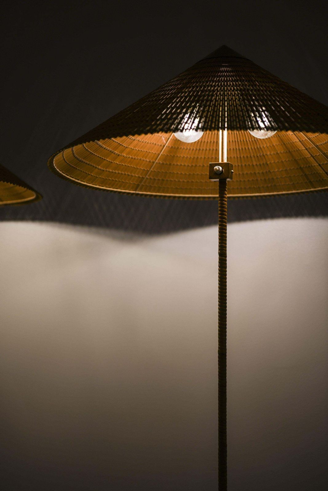 Pair Of Floor Lamps In Brass, Cane And Cane Shades By Paavo Tynell, 1950's photo 82631.0