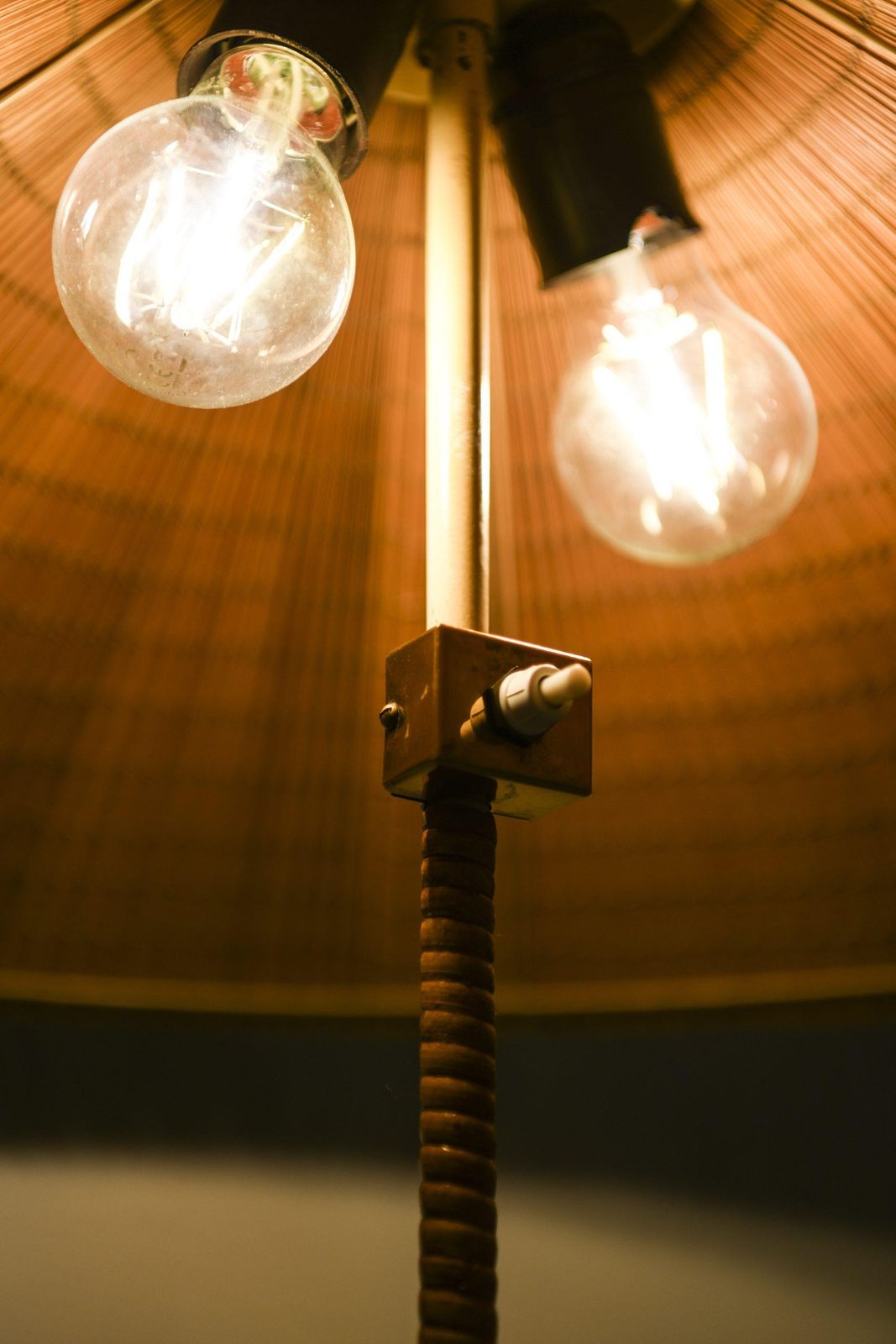 Lighting Pair Of Floor Lamps In Brass, Cane And Cane Shades By Paavo Tynell, 1950's photo