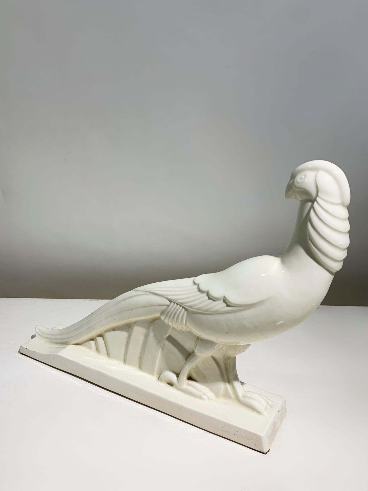 Art Deco Style Glazed White Ceramic Pheasant Sculpture, Circa 1940, France photo furniture