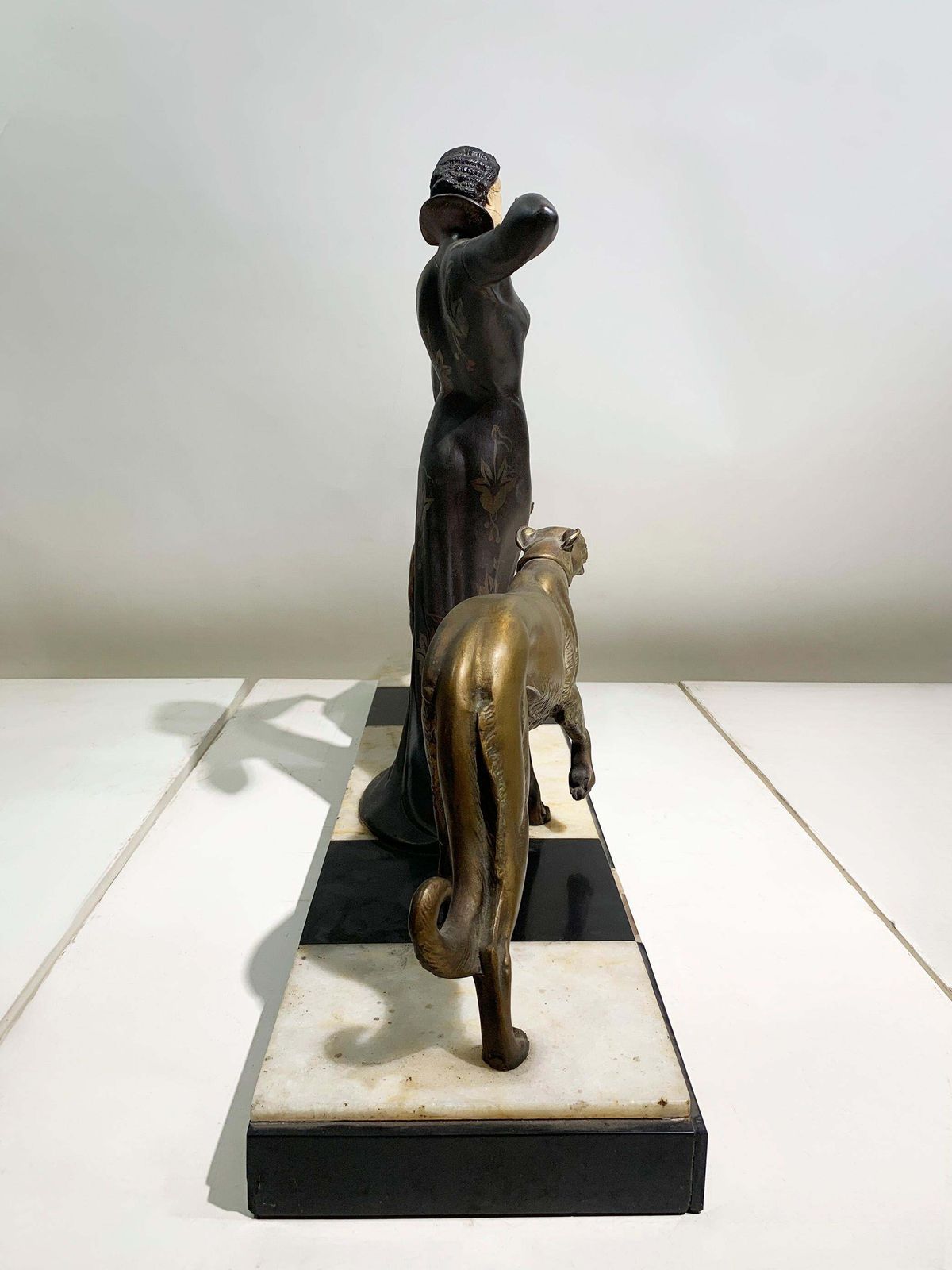 Art Deco Sculpture Of Woman Walking Borzois Attributed To Georges Gori photo vintage