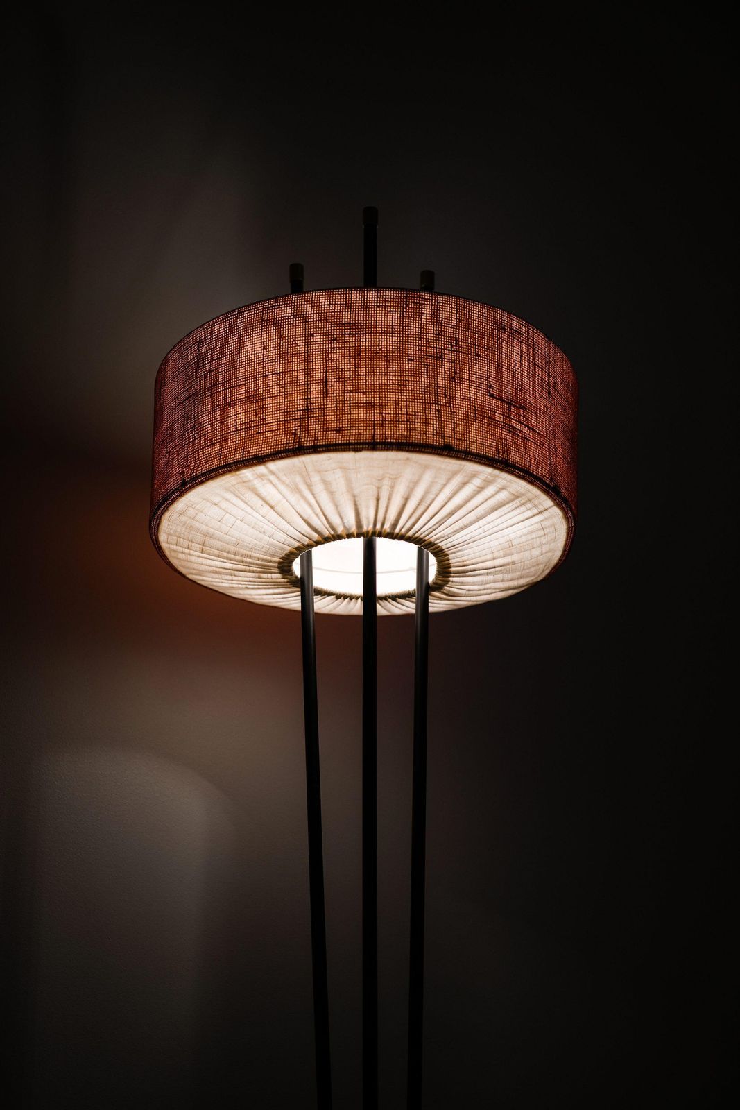 Early Floor Lamp In Black Lacquered Metal And Brass By Gerald Thurston, 1950's photo for sale